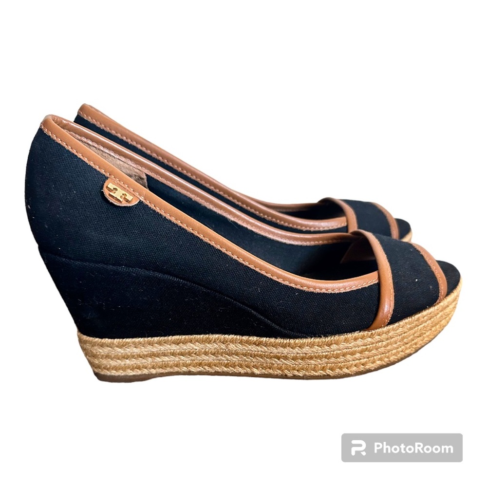 Tory Burch black fabric with leather trim wedges. Size 37 1/2